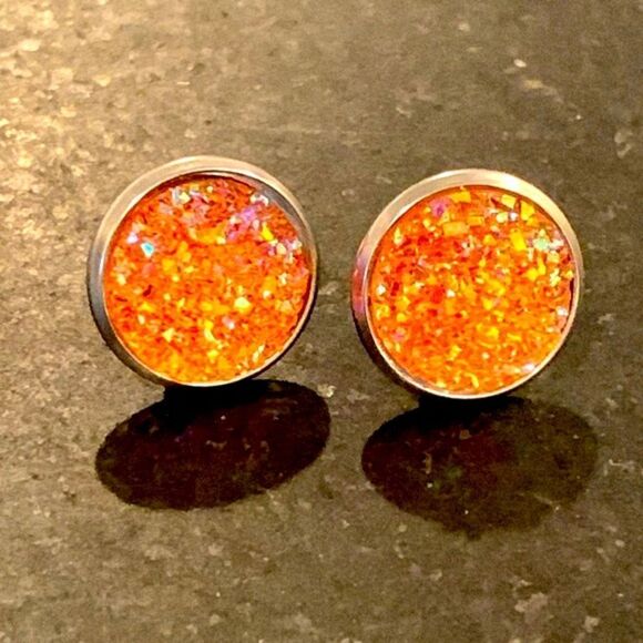 Orange Crushed Crystal Prism Studs, Faux Druzy Quartz Sparkly Glitter Earrings - Picture 8 of 11